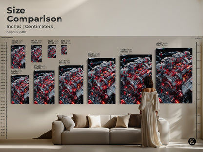 Size comparison of mechanical engine artwork. See how different sizes enhance your space. From 8x12 to 45x67 inch art prints. Perfect for man caves garages and tech offices. Silver red gears add a futuristic touch. Ideal gift for car enthusiasts.
