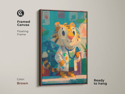 Framed canvas showcasing a cute tiger doctor character. The floating frame in brown complements the artwork's colors. This ready-to-hang piece is perfect for creating a warm and inviting atmosphere. It is ideal for clinics.