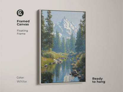 Framed canvas displaying a peaceful mountain river scene. A snow-capped peak and lush pine forest create a calming view. The white floating frame provides a clean modern look. Perfect wall decor for adding a touch of natural beauty to your home. A serene landscape artwork.