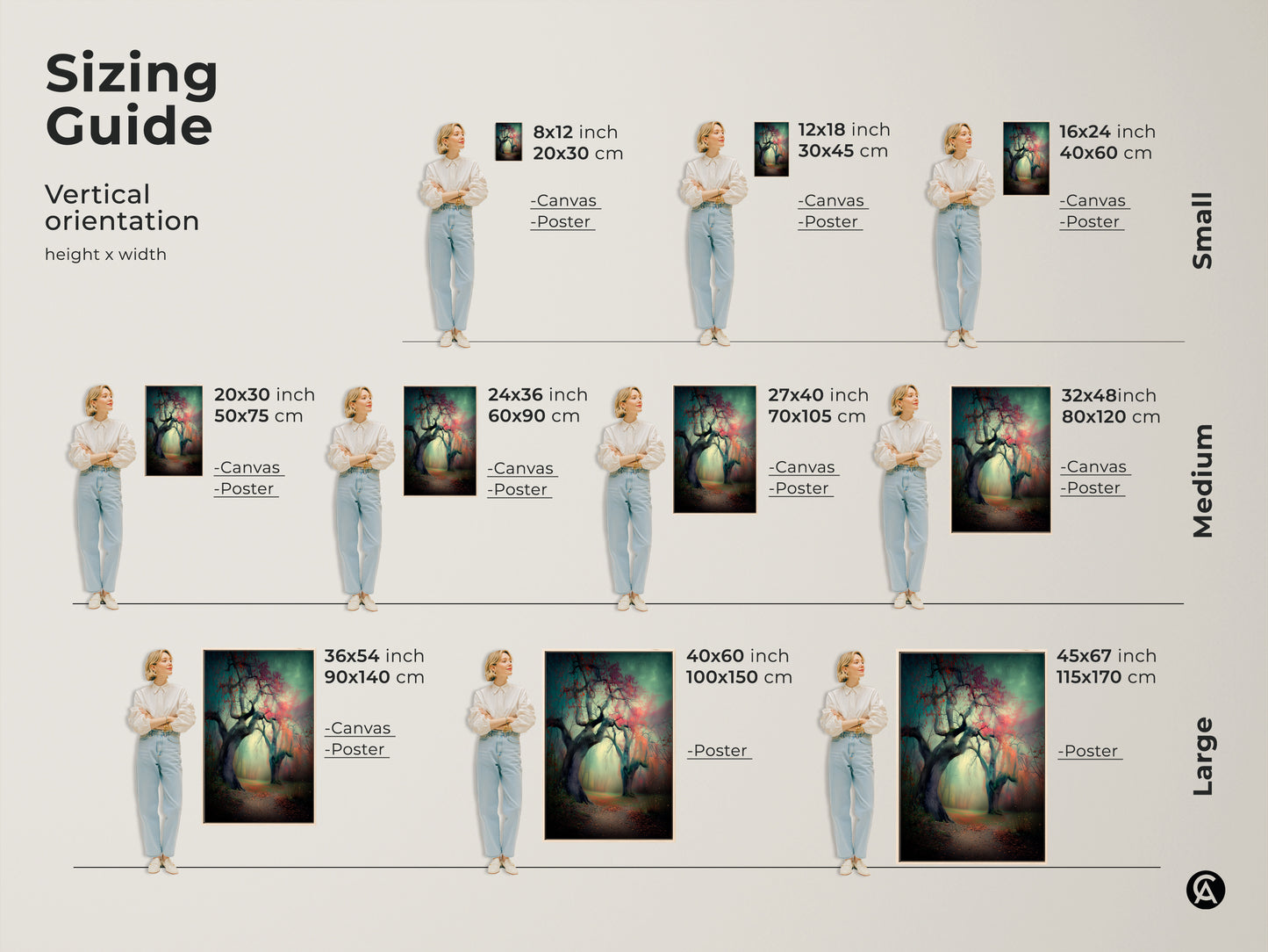 Sizing guide for vertical artwork. Available in small medium and large sizes. Choose from canvas or poster prints. Find the perfect fit for your space with our size comparison guide. Height and width dimensions included.