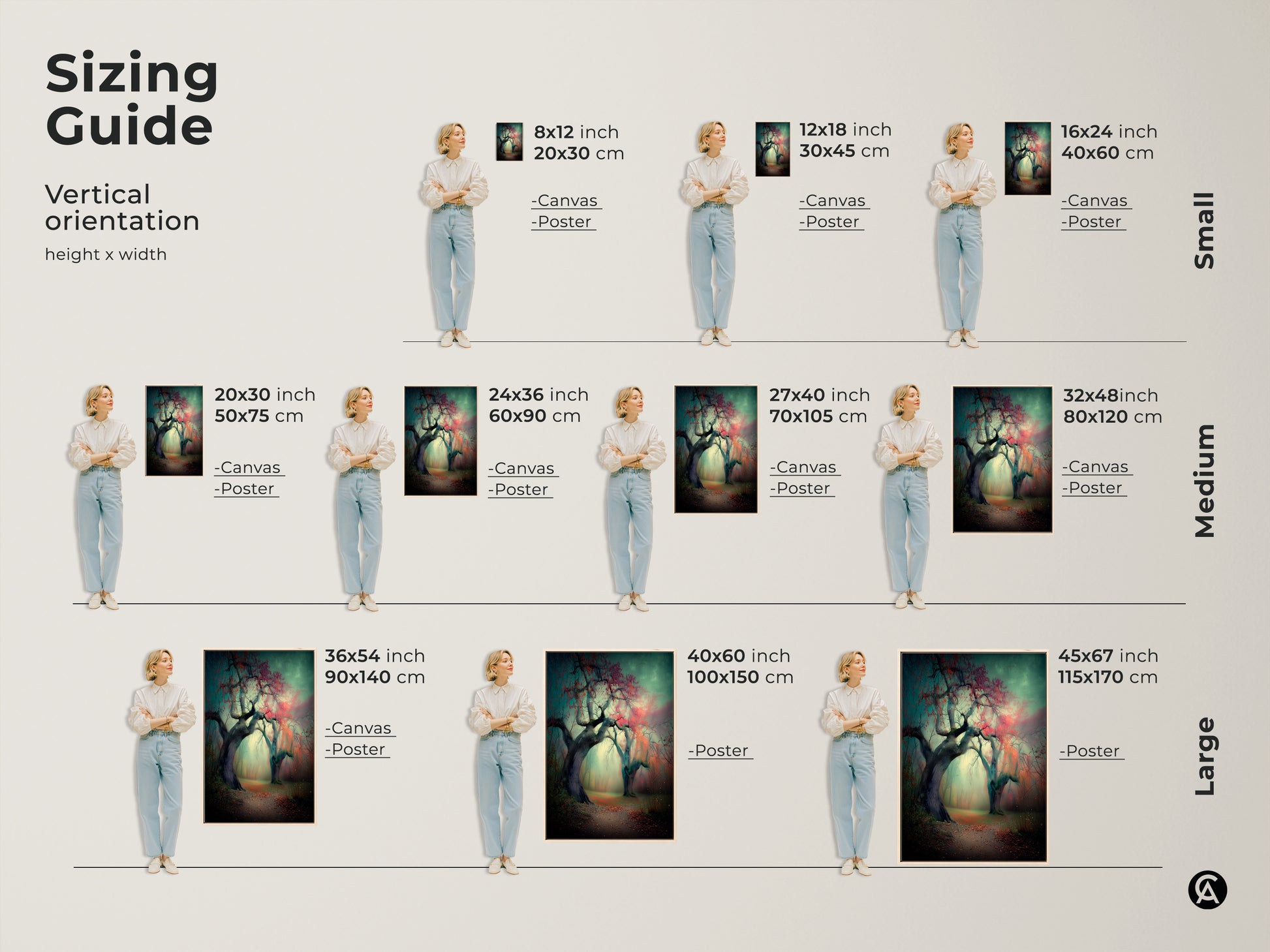 Sizing guide for vertical artwork. Available in small medium and large sizes. Choose from canvas or poster prints. Find the perfect fit for your space with our size comparison guide. Height and width dimensions included.