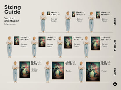 Sizing guide for vertical artwork. Available in small medium and large sizes. Choose from canvas or poster prints. Find the perfect fit for your space with our size comparison guide. Height and width dimensions included.