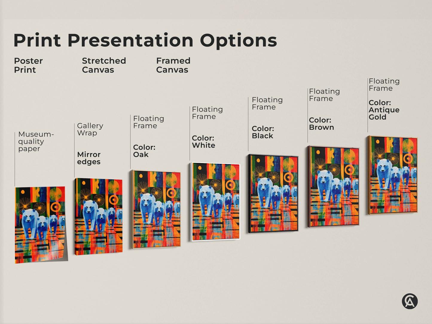 Explore print presentation options like poster prints stretched canvas and framed canvas. Visualize a geometric polar bear family art piece in museum quality paper with gallery wrap in black brown oak white and antique gold floating frame choices.