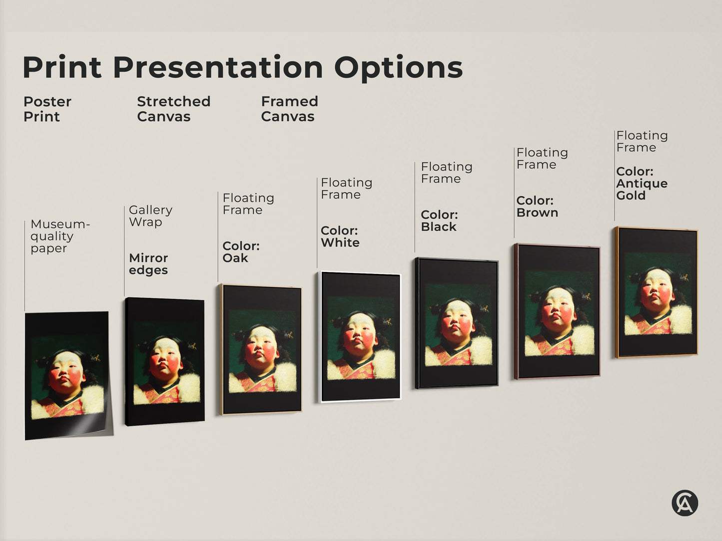 Explore presentation options for a cultural child portrait oil painting style art print. Choose from poster prints to stretched or framed canvas. It's ideal eclectic home decor. These make a unique gift for family.