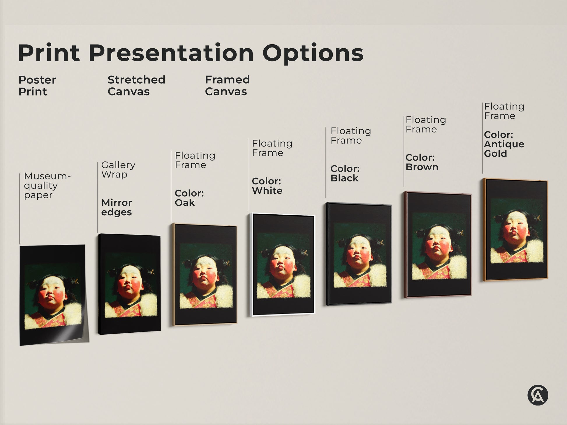 Explore presentation options for a cultural child portrait oil painting style art print. Choose from poster prints to stretched or framed canvas. It's ideal eclectic home decor. These make a unique gift for family.