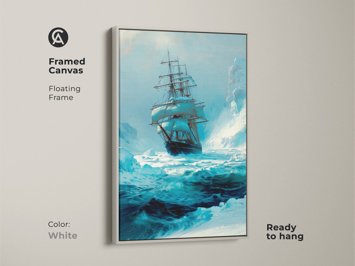 This framed canvas features a white floating frame displaying nautical tall ship artwork. The blue ocean and icy surroundings add an adventurous touch. This ready-to-hang print brings the spirit of sea exploration to any space.