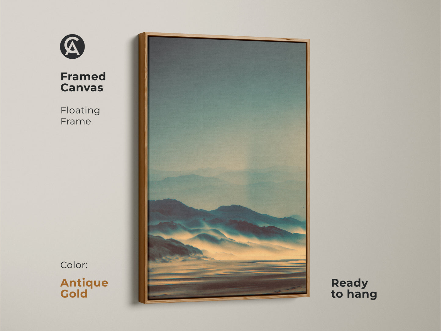 Framed canvas art with a floating frame in antique gold. The artwork displays a misty mountain landscape. This ready-to-hang piece brings elegance to any wall. Enjoy the tranquil scene and soft colors. It is a stunning addition to your home or office.