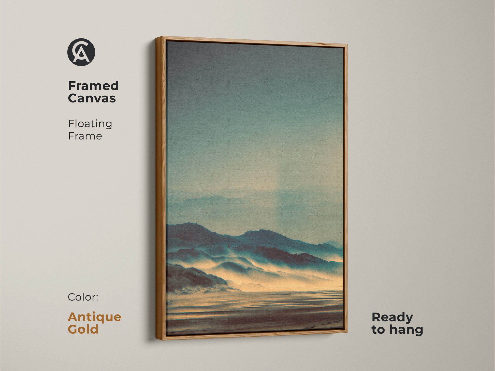 Framed canvas art with a floating frame in antique gold. The artwork displays a misty mountain landscape. This ready-to-hang piece brings elegance to any wall. Enjoy the tranquil scene and soft colors. It is a stunning addition to your home or office.