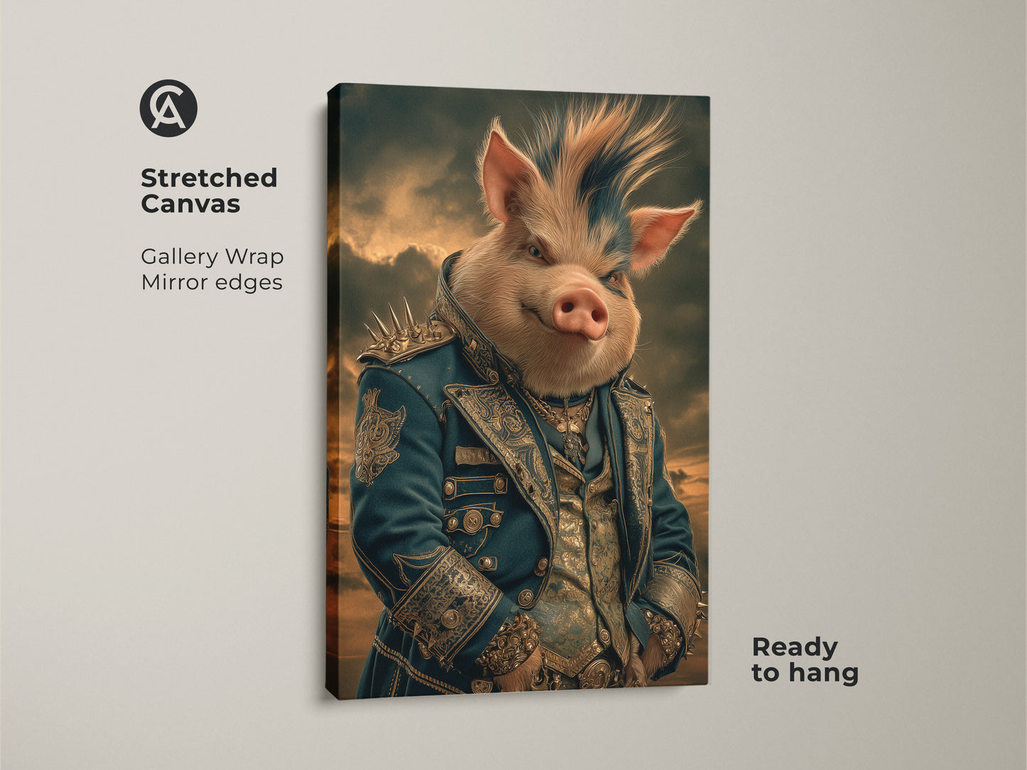 Poster print featuring a regal pig aristocrat. Gothic fantasy pig artwork comes rolled in a tube ready to frame. The teal and gold animal canvas is a unique office art gift a perfect addition to any home decor.