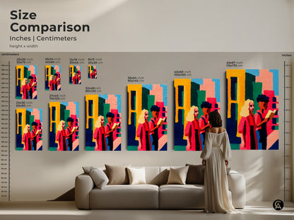 Size comparison for abstract figurative people reading artwork. Available in various sizes to suit your space. Perfect for adding a splash of color and artistic intrigue to any room. A great gift for back to school or book lovers.