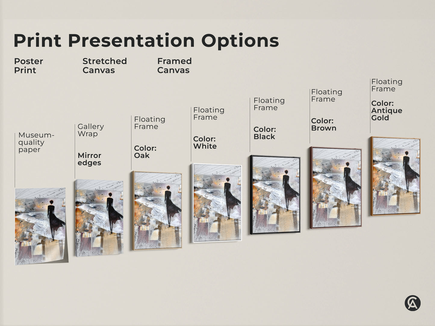 Print presentation options showing poster prints stretched canvas and framed canvas artwork. The art depicts a woman and birds in Brown White and Grey tones. Perfect for art lovers.
