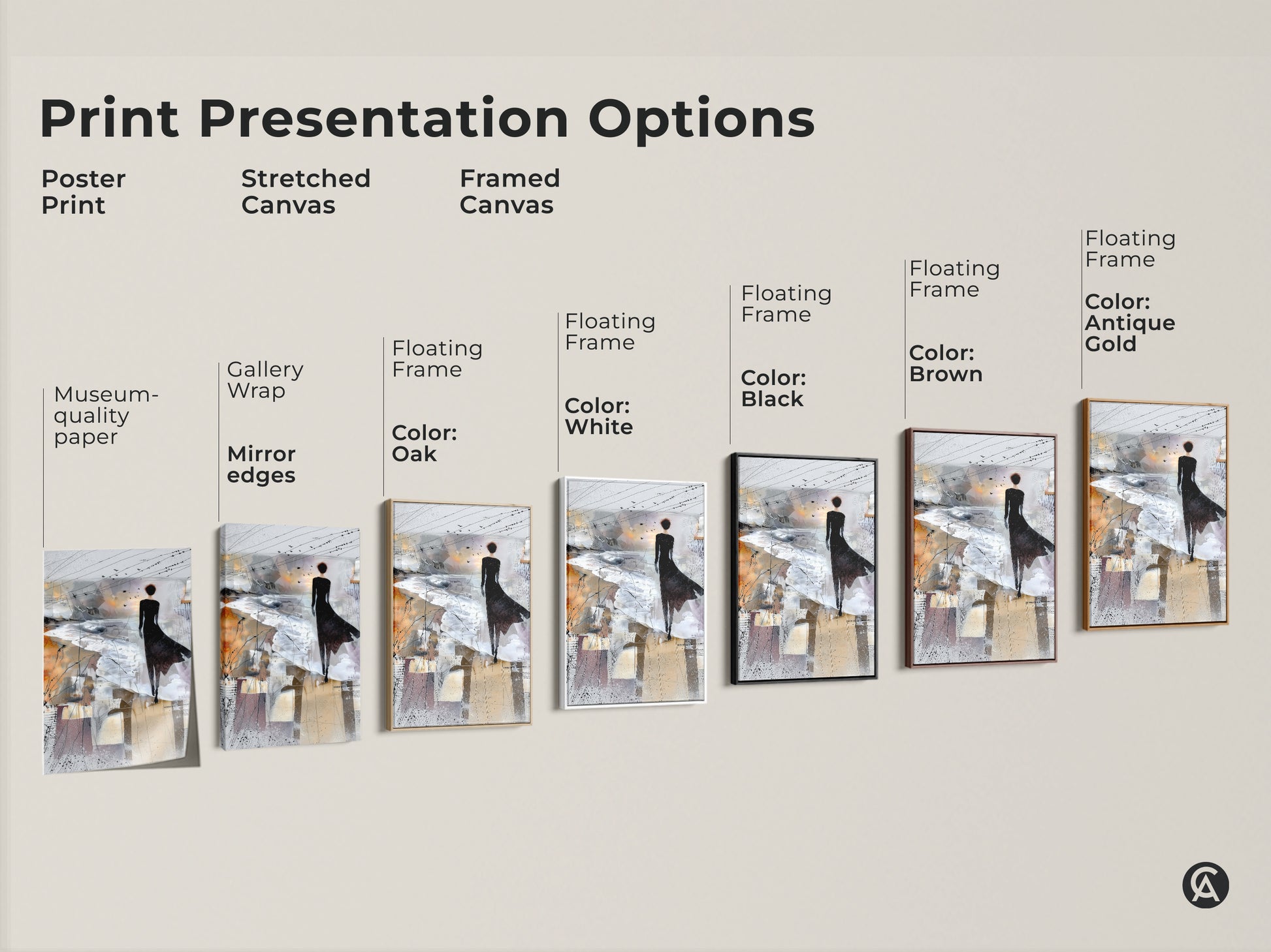 Print presentation options showing poster prints stretched canvas and framed canvas artwork. The art depicts a woman and birds in Brown White and Grey tones. Perfect for art lovers.