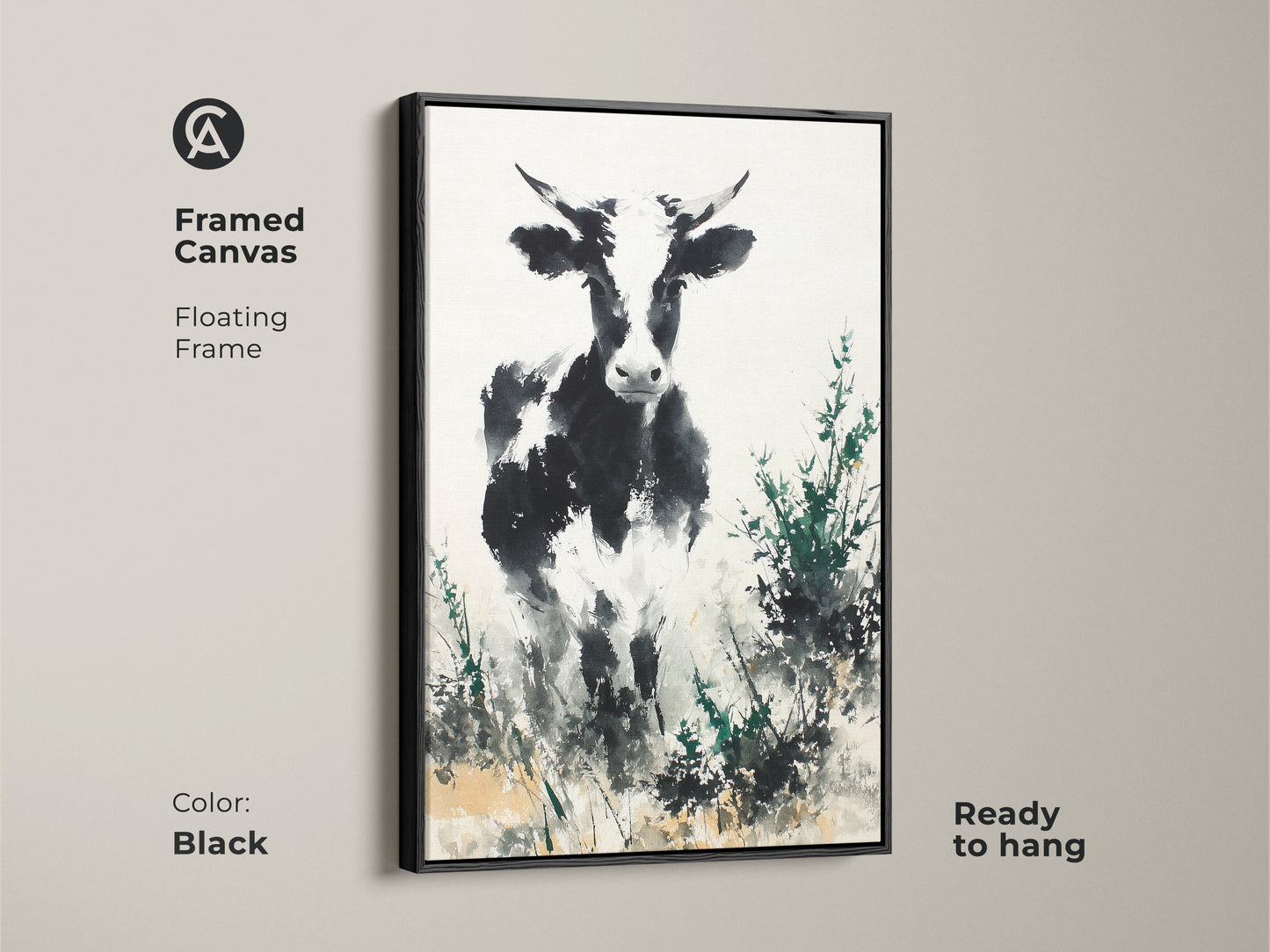 Black framed canvas featuring a black and white cow. This floating frame animal art is ready to hang. The painting has a contemporary style. The artwork is perfect for any living space. Consider this for your home decor
