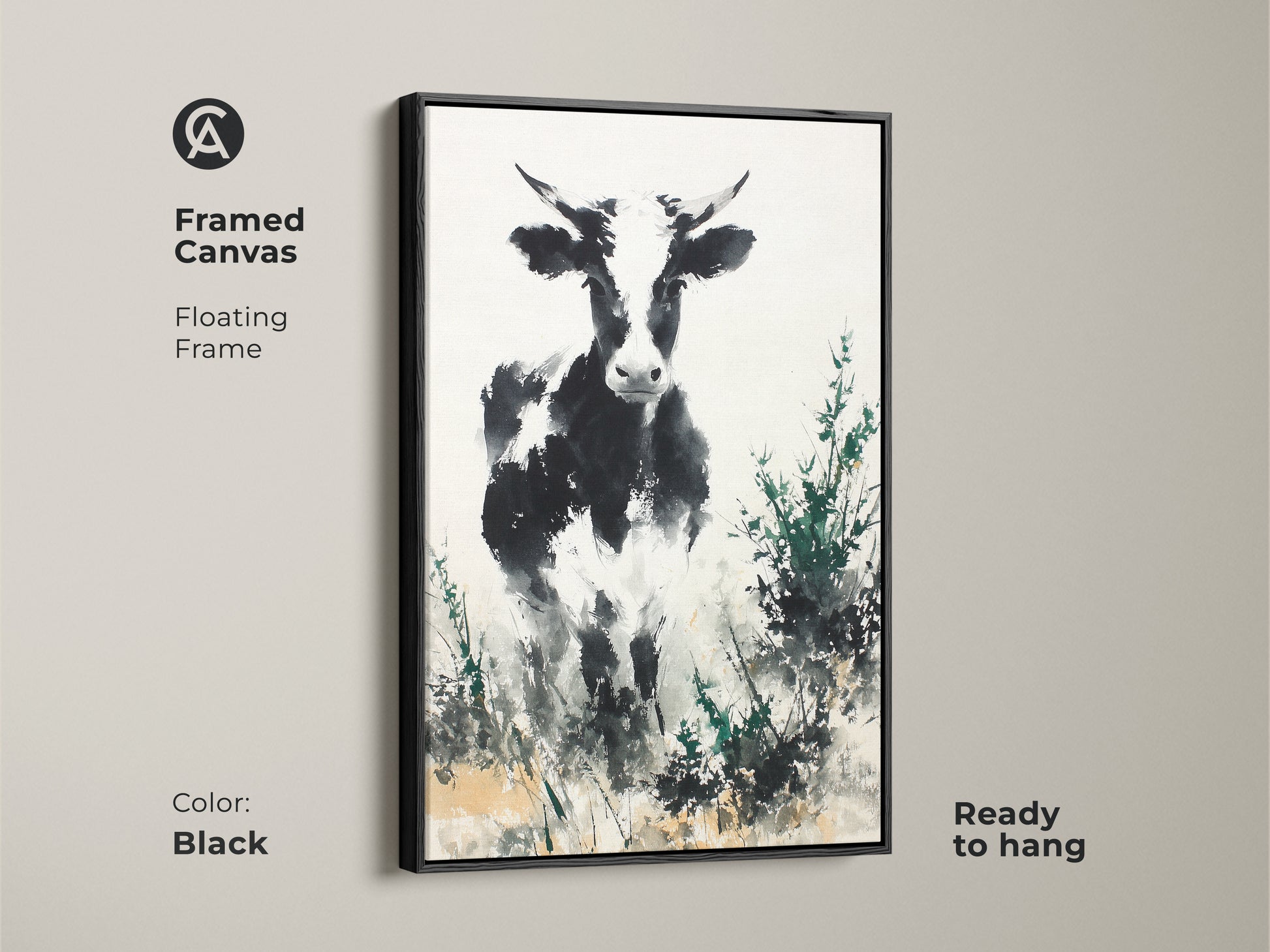 Black framed canvas featuring a black and white cow. This floating frame animal art is ready to hang. The painting has a contemporary style. The artwork is perfect for any living space. Consider this for your home decor