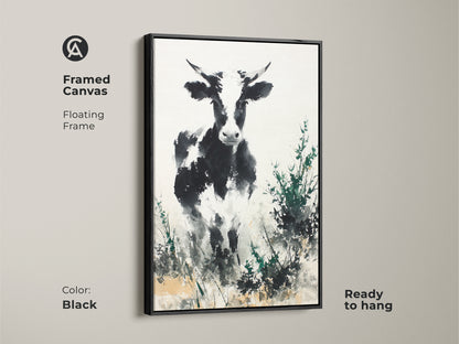 Black framed canvas featuring a black and white cow. This floating frame animal art is ready to hang. The painting has a contemporary style. The artwork is perfect for any living space. Consider this for your home decor