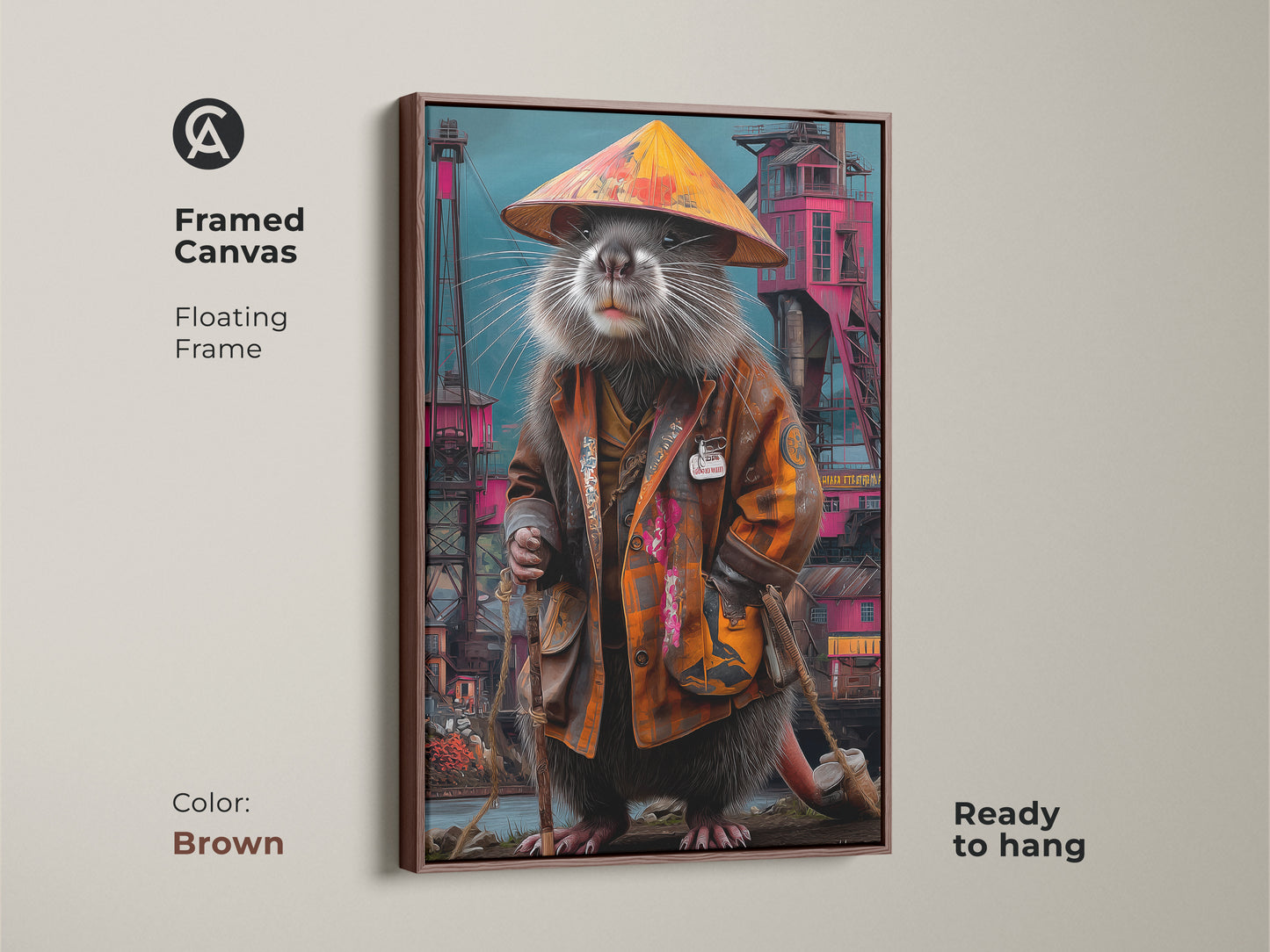 Framed canvas with a floating frame displays a surreal rat king. The brown frame enhances the eclectic animal decor. It is a unique and ready to hang fantasy art piece with an orange teal color palette.