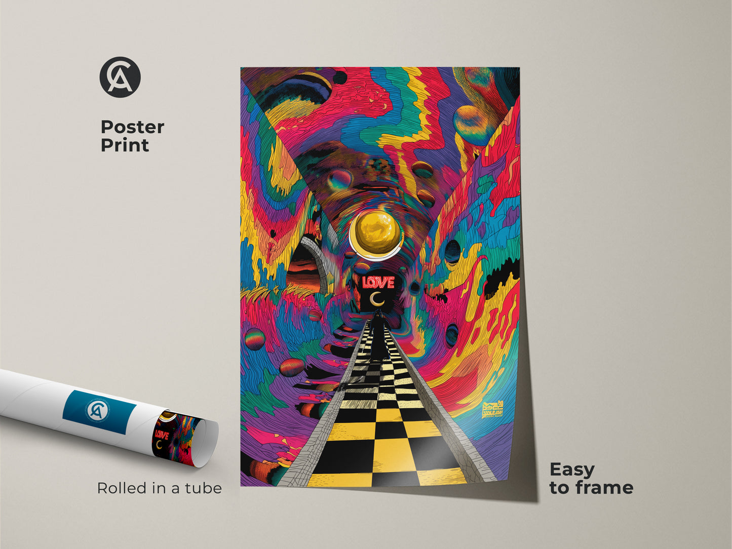 Psychedelic tunnel artwork poster print. The art shows a checkered path leading to the word LOVE. A golden orb floats above in a colorful surreal tunnel. This easy-to-frame poster adds a pop of color to your walls.