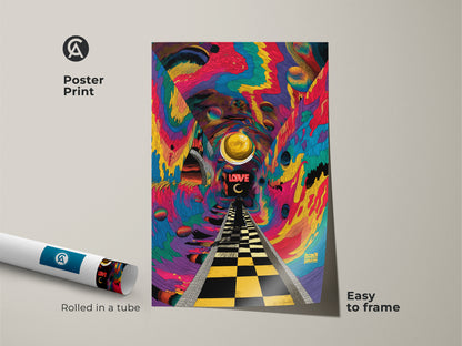 Psychedelic tunnel artwork poster print. The art shows a checkered path leading to the word LOVE. A golden orb floats above in a colorful surreal tunnel. This easy-to-frame poster adds a pop of color to your walls.