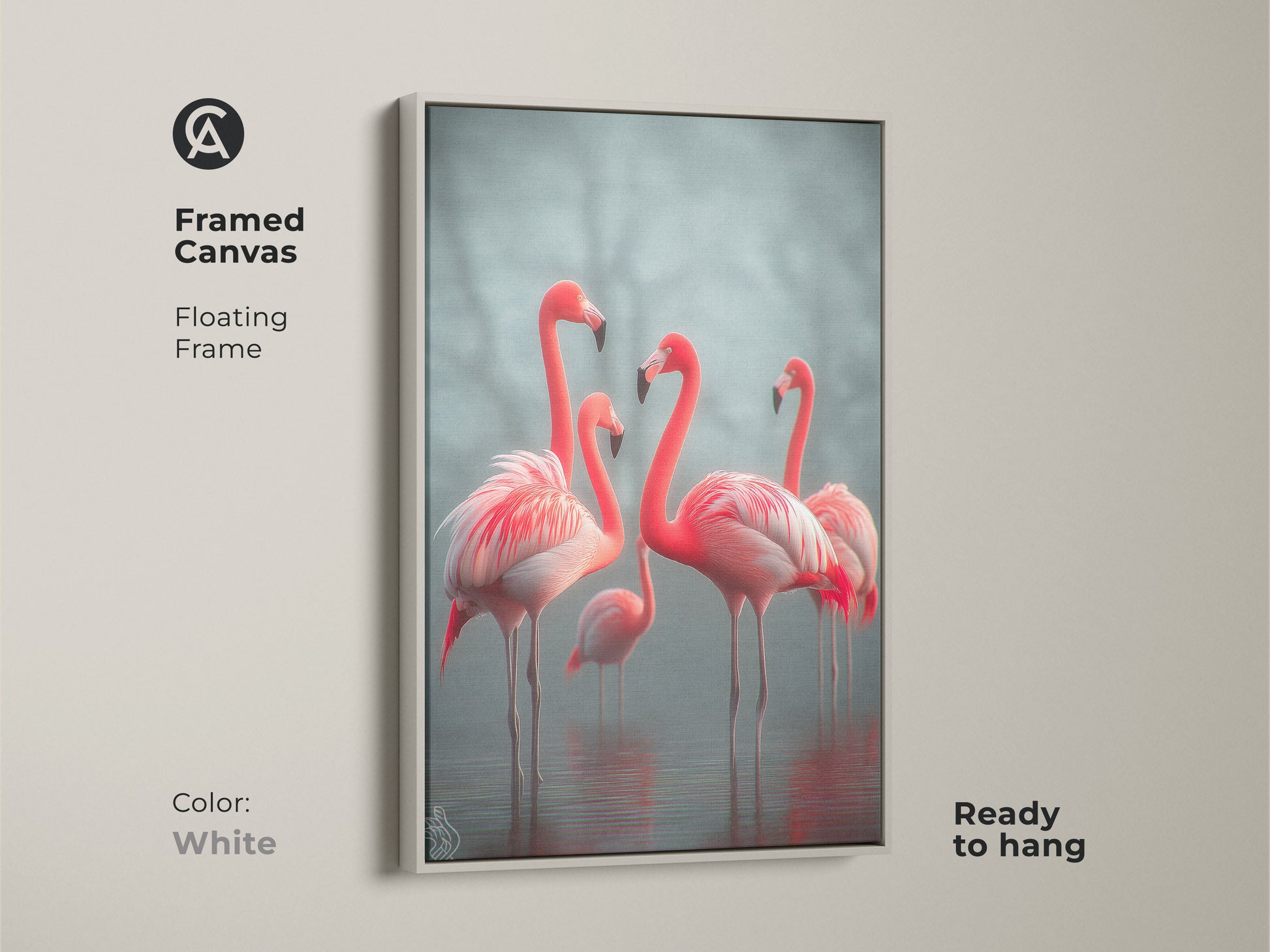 Framed canvas showcasing elegant flamingos ready to hang. The white floating frame enhances the photorealistic wildlife art. This coastal coral pink and teal artwork brings a serene touch. Ideal for bird lovers this framed print elevates any bedroom decor. A sophisticated housewarming gift.
