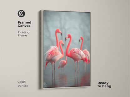 Framed canvas showcasing elegant flamingos ready to hang. The white floating frame enhances the photorealistic wildlife art. This coastal coral pink and teal artwork brings a serene touch. Ideal for bird lovers this framed print elevates any bedroom decor. A sophisticated housewarming gift.