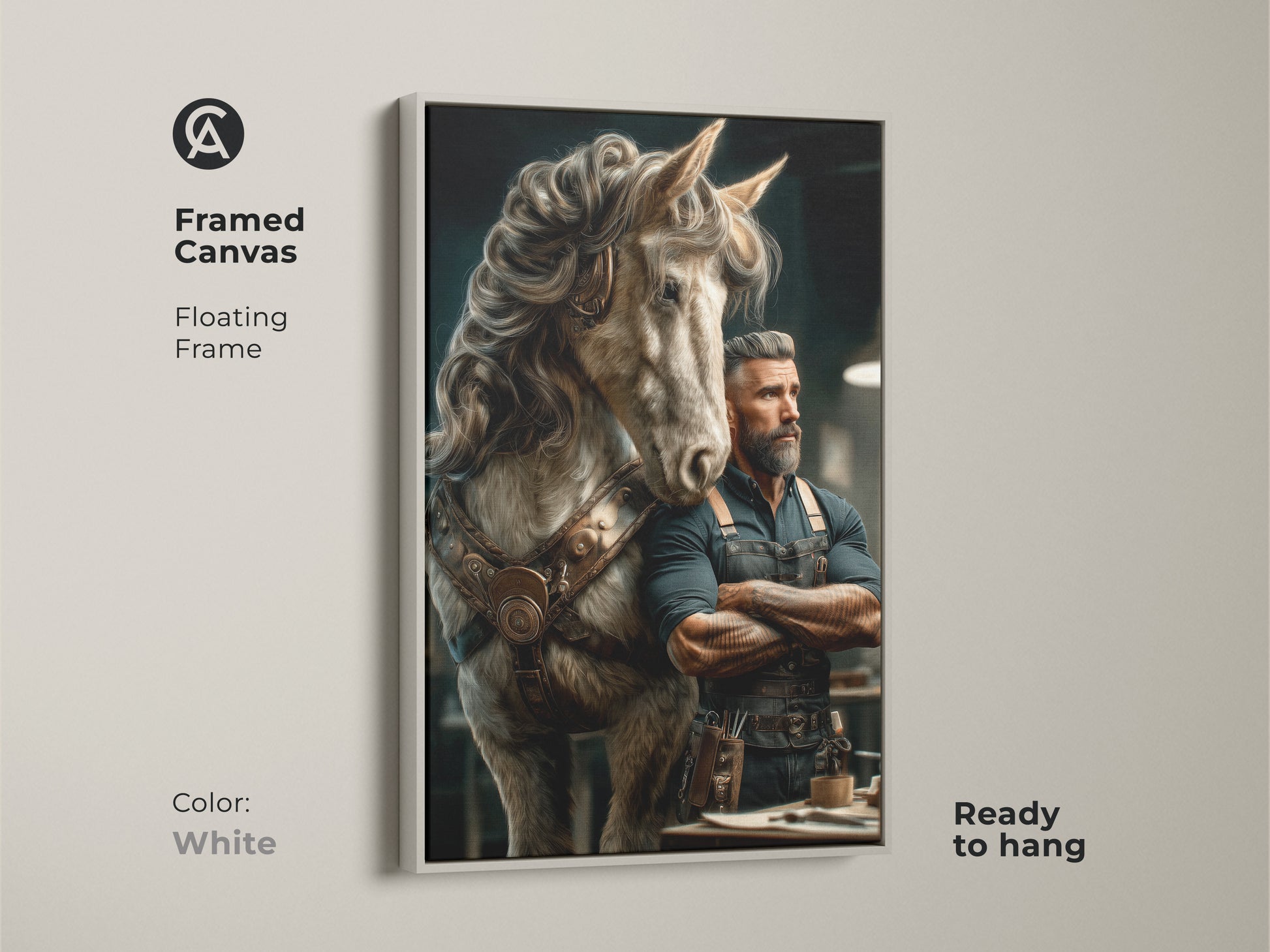 Framed canvas print featuring steampunk art of a man and his horse. The floating frame is white. It enhances the fantasy canvas print. This piece of eclectic wall decor is ready to hang. A great gift for horse lovers and a unique addition to any study room.
