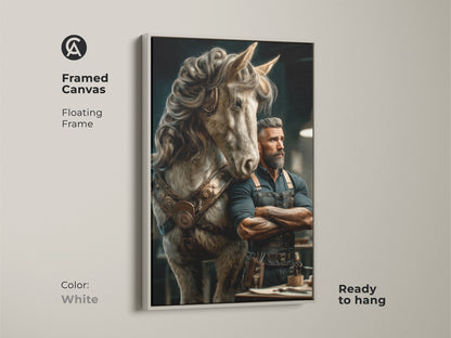 Framed canvas print featuring steampunk art of a man and his horse. The floating frame is white. It enhances the fantasy canvas print. This piece of eclectic wall decor is ready to hang. A great gift for horse lovers and a unique addition to any study room.