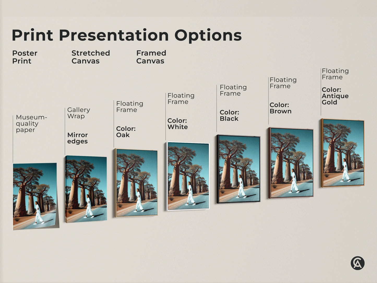 Various print presentation options for the realistic baobab tree artwork. Displayed are the poster print stretched canvas and framed canvas options. The frames are available in oak black brown antique gold and white. This African landscape canvas art brings boho travel decor to any room.