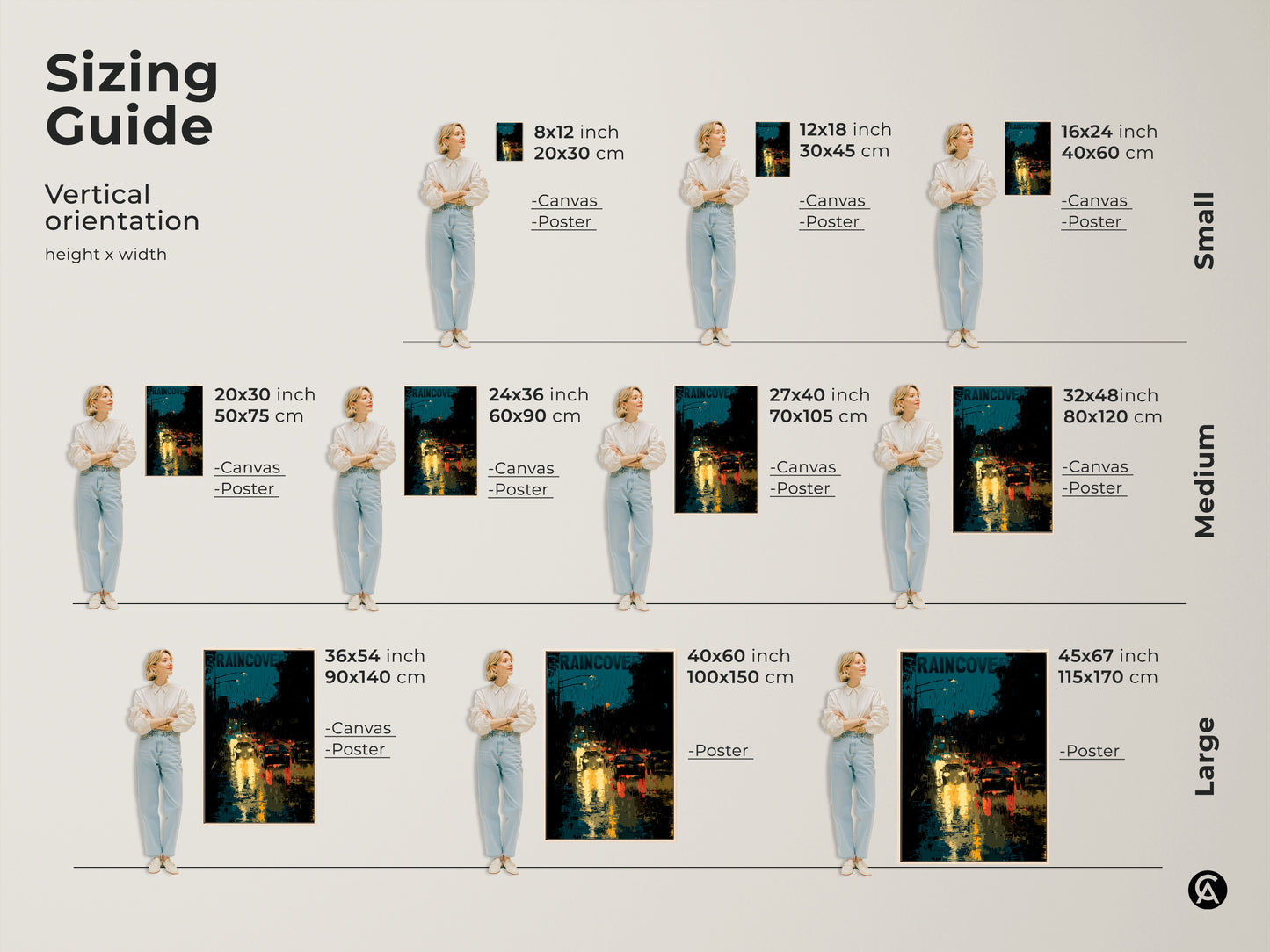 Sizing guide for urban cityscape art print. Vertical orientation options include canvas and poster. Choose from small medium and large sizes. Find the perfect fit for your space. This teal black and yellow artwork will enhance any room. Sizes range from 8x12 to 45x67 inches.