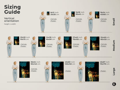Sizing guide for urban cityscape art print. Vertical orientation options include canvas and poster. Choose from small medium and large sizes. Find the perfect fit for your space. This teal black and yellow artwork will enhance any room. Sizes range from 8x12 to 45x67 inches.