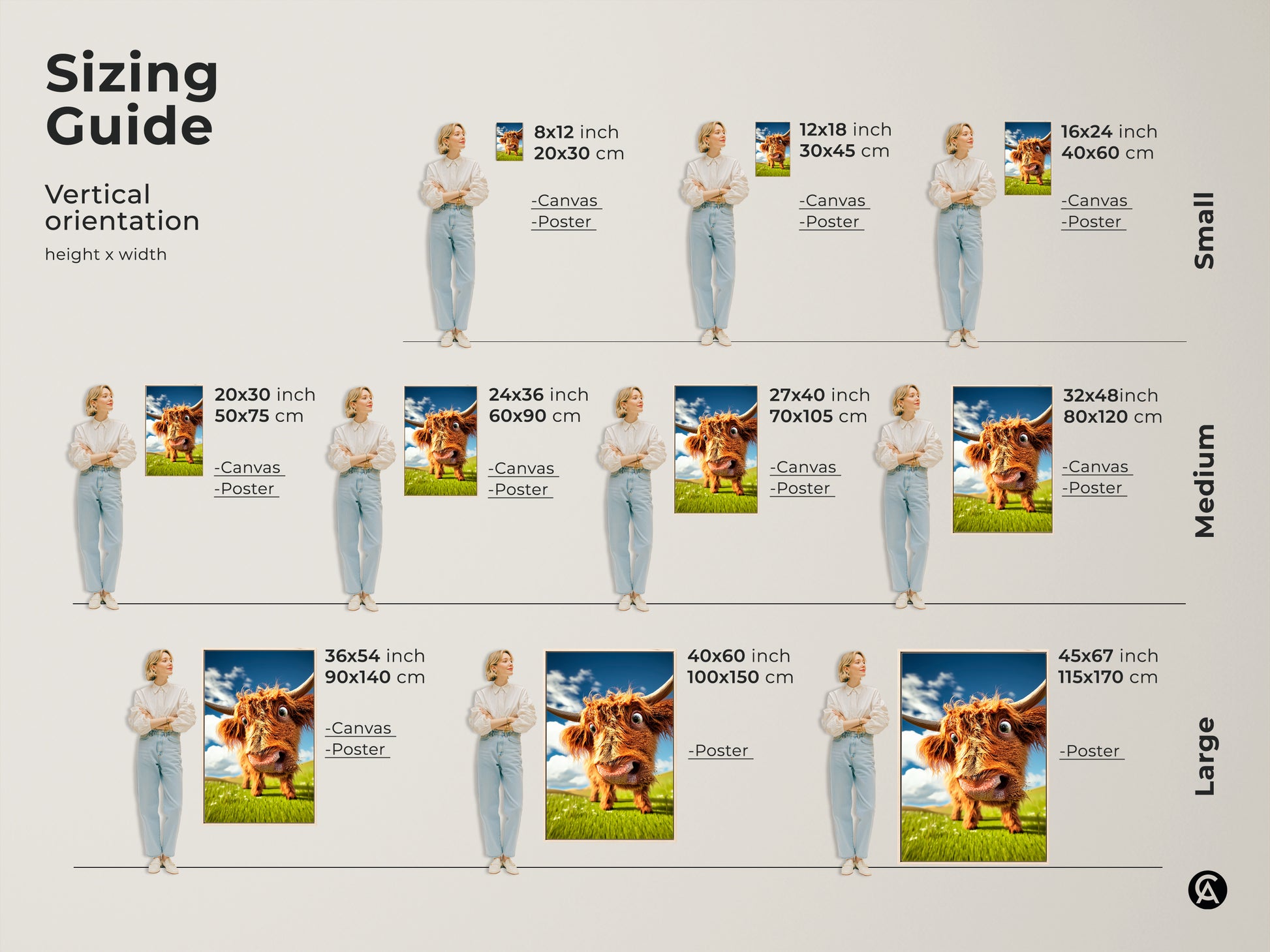 Explore our sizing guide for vertical orientation art. Find the perfect fit for your space with our canvas and poster options. Available in small medium and large sizes to suit any room and decor style.