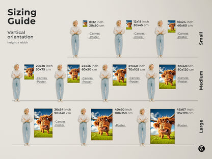 Explore our sizing guide for vertical orientation art. Find the perfect fit for your space with our canvas and poster options. Available in small medium and large sizes to suit any room and decor style.