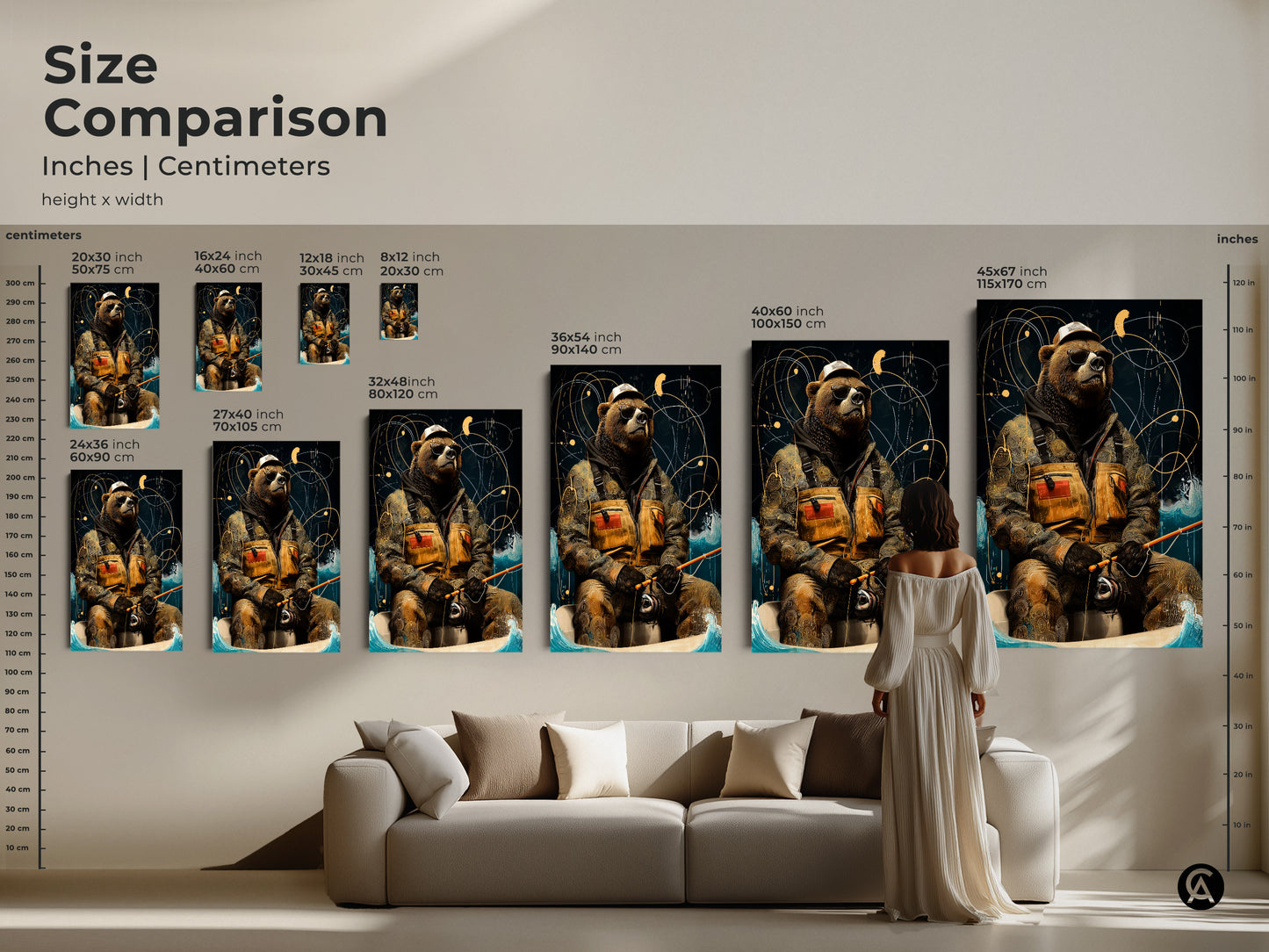 See the size comparison chart for this artwork. Check out inches and centimeters height x width. This is available as canvas or poster.