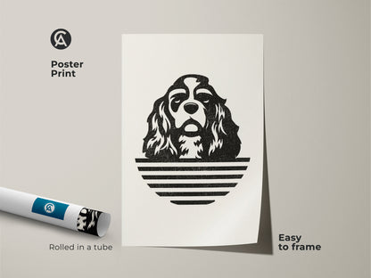 Poster print of minimalist dog line art. A black and white Cavalier King Charles Spaniel artwork is rolled in a tube. It is an easy to frame pet portrait. Perfect for modern wall decor. Great dog lover gift.