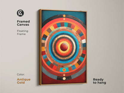 Framed canvas in an antique gold floating frame. The concentric circle artwork features gold teal and crimson. Ready to hang premium abstract artwork for modern home decor. This radiating pattern art print adds a unique touch. Perfect gift for an art collector.