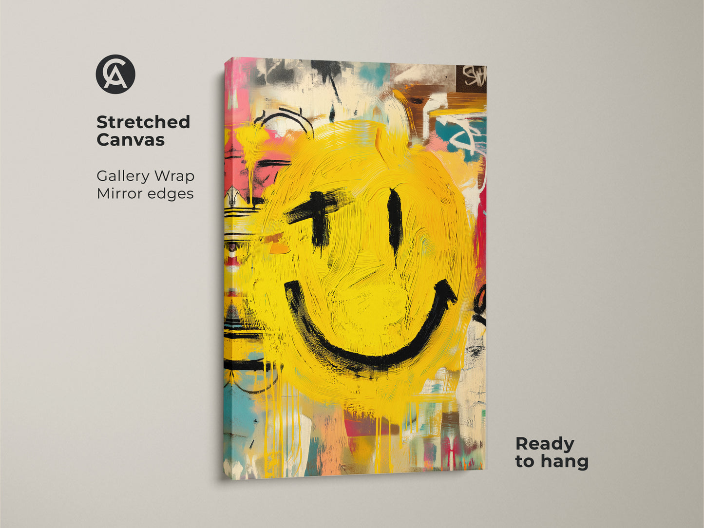 Add a touch of happiness to your home with this smiley face canvas print. The gallery-wrapped edges give it a sleek modern look. Ready to hang this stretched canvas is perfect for any art lover. The bright yellow smiley face adds a playful element to any space. Shop now and bring joy to your walls