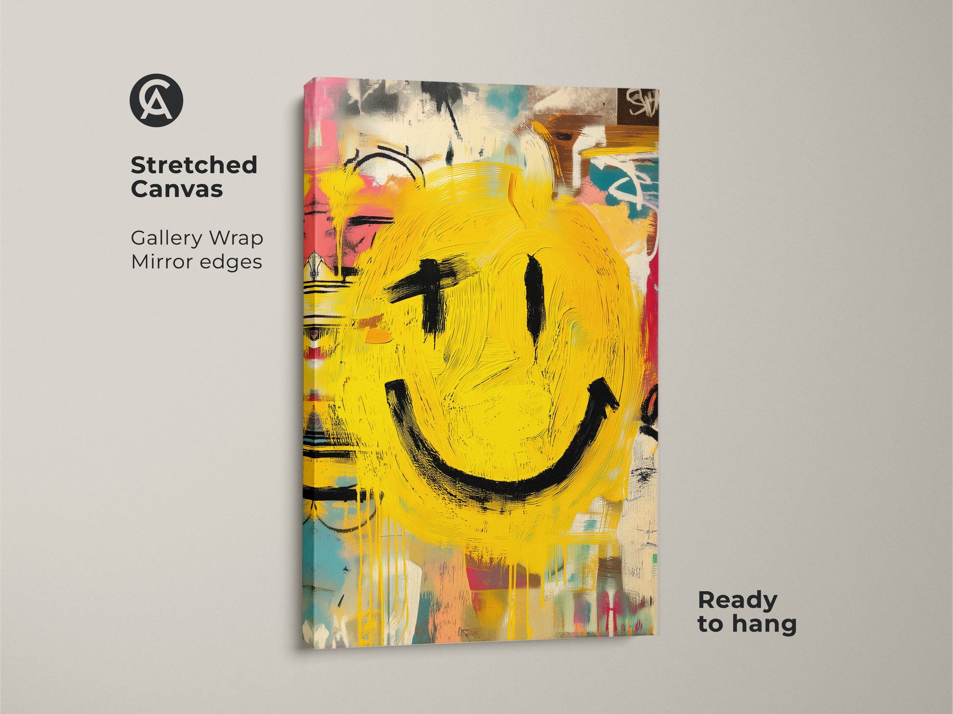 Add a touch of happiness to your home with this smiley face canvas print. The gallery-wrapped edges give it a sleek modern look. Ready to hang this stretched canvas is perfect for any art lover. The bright yellow smiley face adds a playful element to any space. Shop now and bring joy to your walls