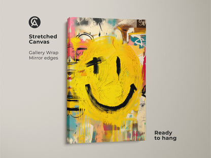 Add a touch of happiness to your home with this smiley face canvas print. The gallery-wrapped edges give it a sleek modern look. Ready to hang this stretched canvas is perfect for any art lover. The bright yellow smiley face adds a playful element to any space. Shop now and bring joy to your walls