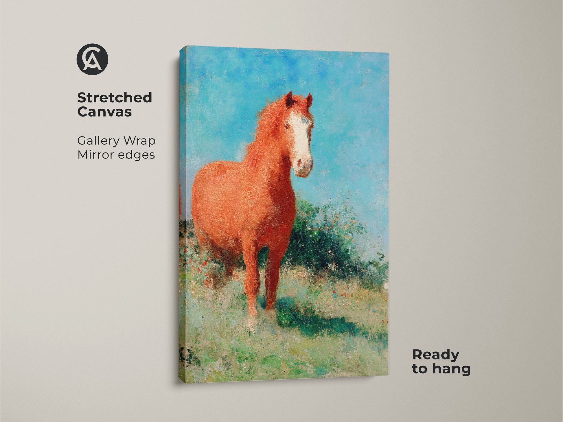 Stretched canvas of an impressionist horse in a field. This gallery wrapped canvas features mirror edges. Ready to hang this orange horse wall art is perfect for equestrian bedroom decor. The blue sky nature art complements the rustic landscape print. A unique gift for horse riding enthusiasts.
