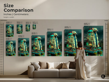 A size comparison chart in inches and centimeters. It features steampunk lab rat scientist canvas art. It shows the height and width in various sizes. A woman stands by a couch for size comparison.