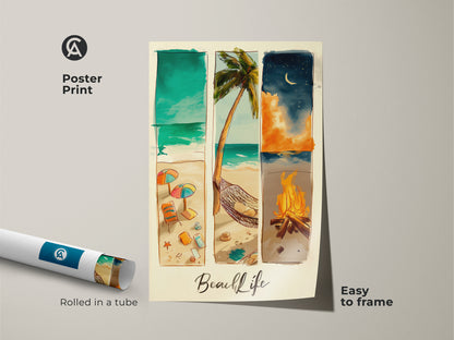 Beach life poster print rolled in a tube. This beach themed artwork is easy to frame. It features a collage of a sandy beach with a hammock and a beach bonfire. Get yours today