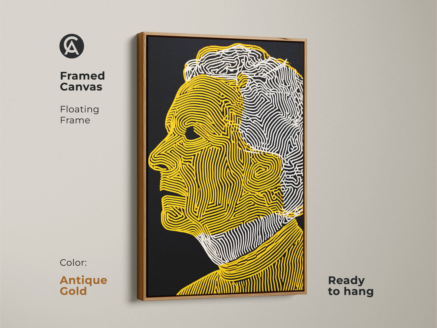 Framed canvas art showcasing a unique portrait. The antique gold floating frame adds elegance to the artwork. This modern art print features yellow and white line art on a black background. The canvas is ready to hang.
