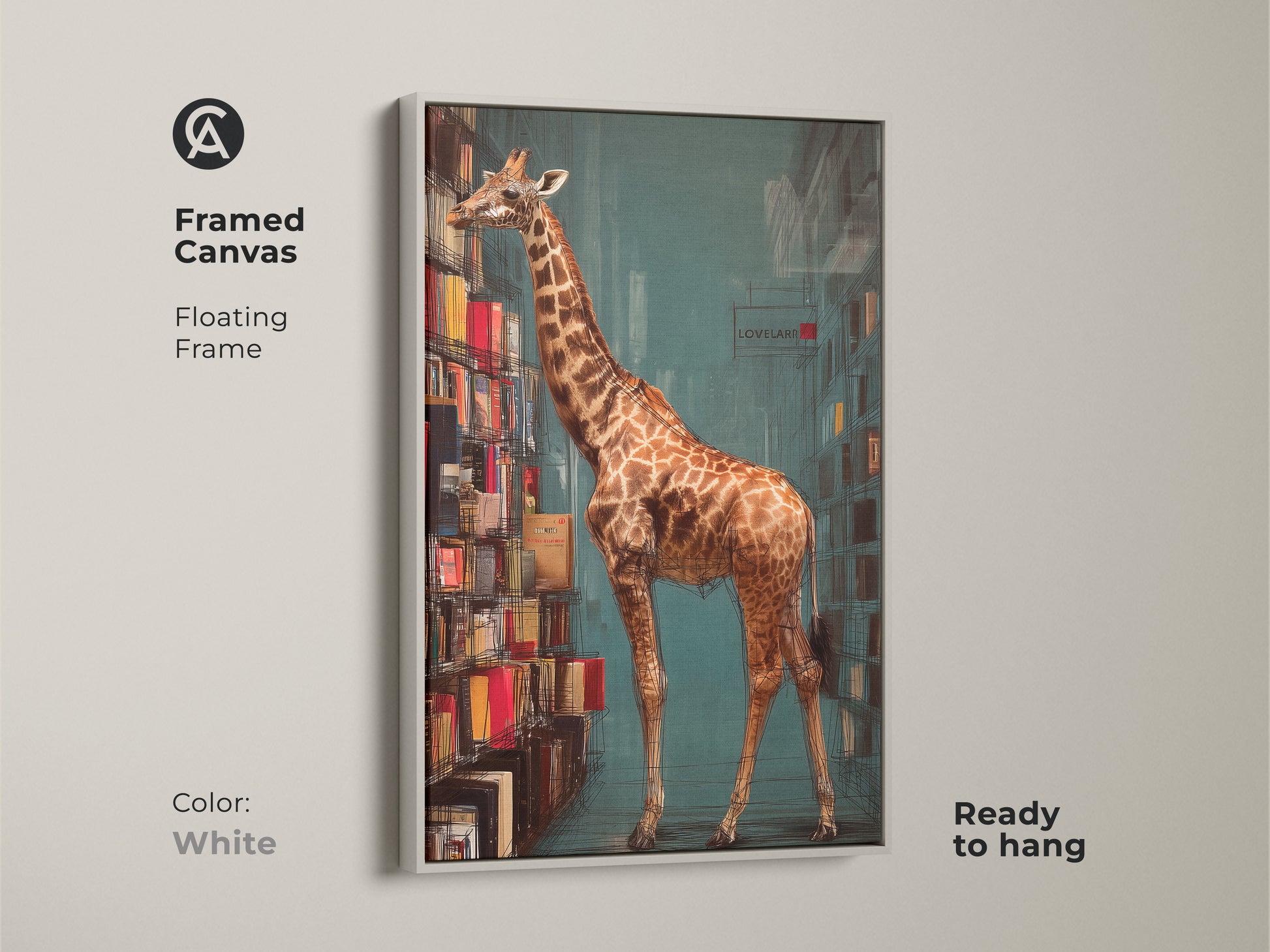 A framed canvas featuring a giraffe reaching for a book. A white floating frame showcases this surreal animal print. The ready to hang eclectic artwork adds modern flair to any book lover's wall. Perfect as study decor.