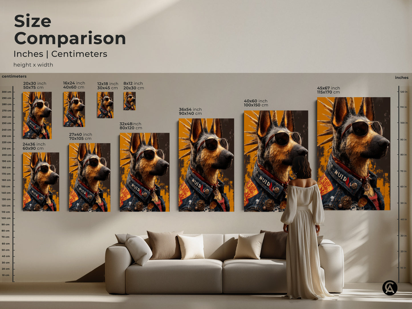 Size comparison of punk rock German Shepherd artwork. The cool dog with aviator sunglasses and denim jacket is available in multiple sizes. Canvas art dimensions are displayed in inches and centimeters.