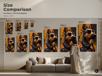 Size comparison of punk rock German Shepherd artwork. The cool dog with aviator sunglasses and denim jacket is available in multiple sizes. Canvas art dimensions are displayed in inches and centimeters.