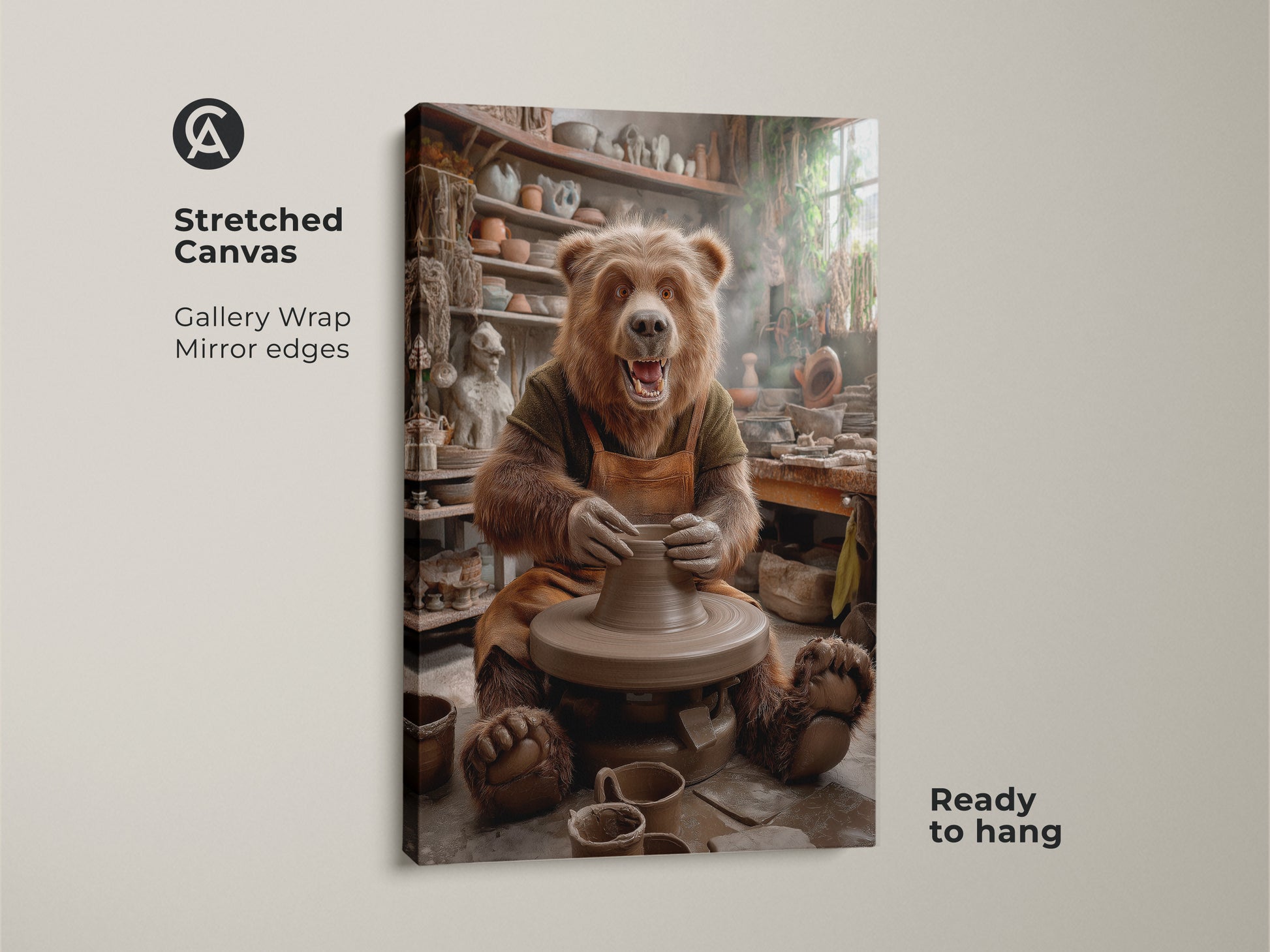 Stretched canvas print of a bear making pottery. Gallery wrap with mirror edges for a seamless look. Ready to hang artwork for a studio or home. Earthy tones and realistic animal artistry. A unique pottery gift for eclectic wall decor.