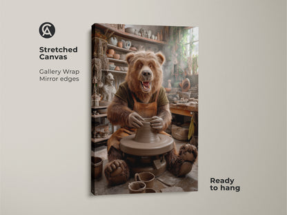 Stretched canvas print of a bear making pottery. Gallery wrap with mirror edges for a seamless look. Ready to hang artwork for a studio or home. Earthy tones and realistic animal artistry. A unique pottery gift for eclectic wall decor.
