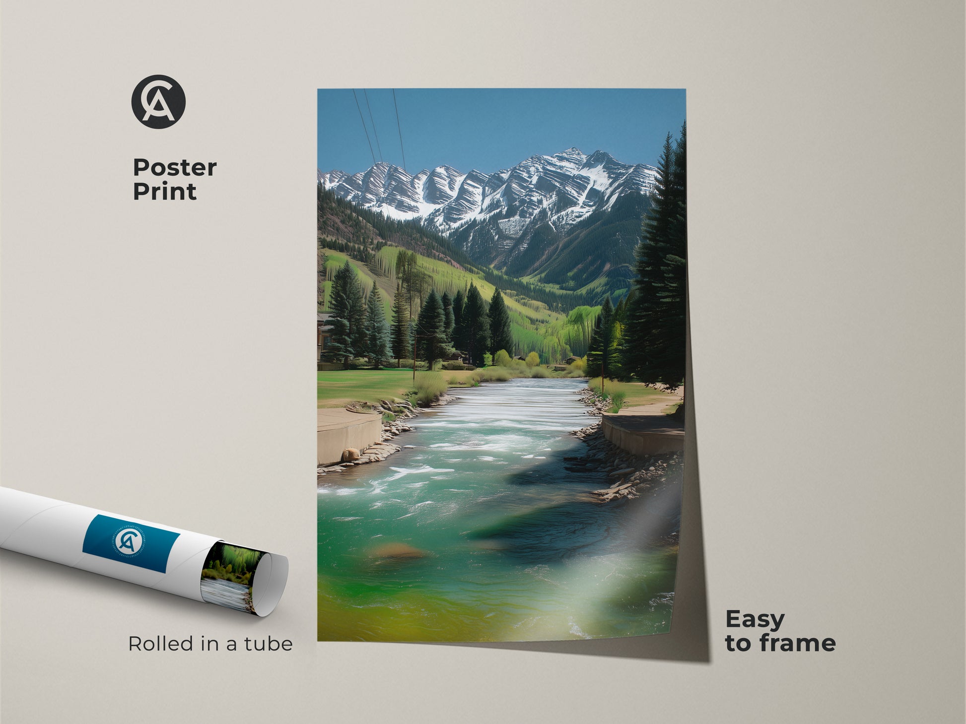 A rolled poster print features a scenic mountain river. This easy-to-frame nature artwork showcases snowy peaks and teal blue water. Perfect for adding a touch of rustic charm to your space.