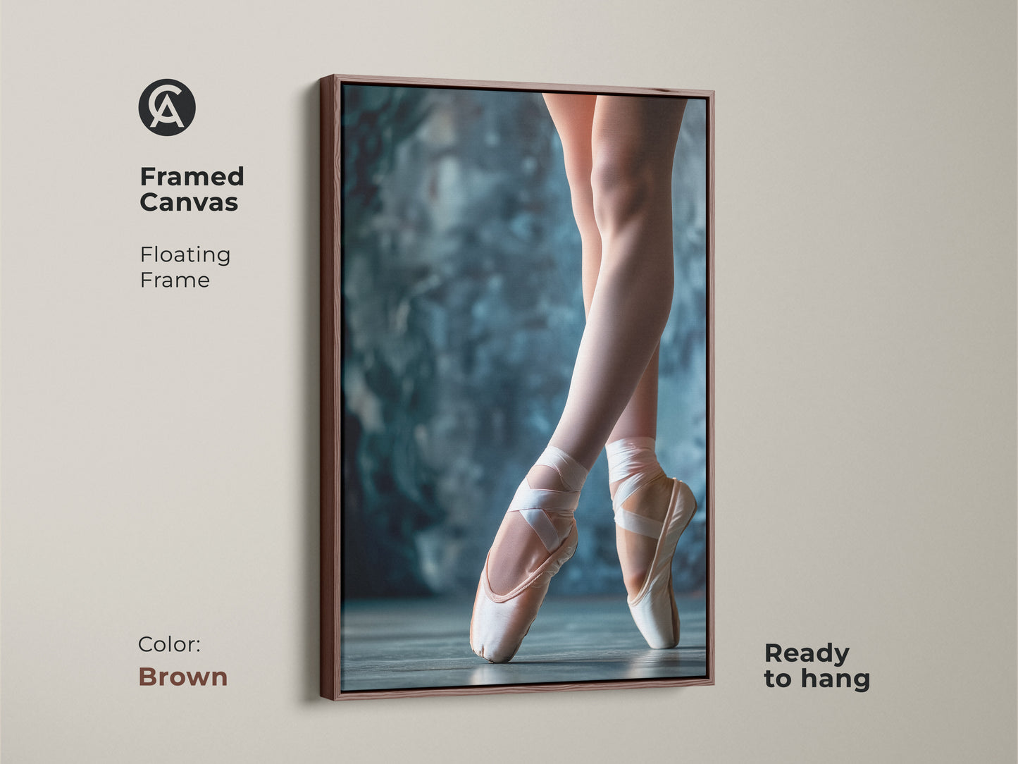 Framed canvas artwork of ballet shoes with a brown floating frame. This vertical art piece is ready to hang. The close-up of a ballerina's feet in pointe shoes creates a striking visual.
