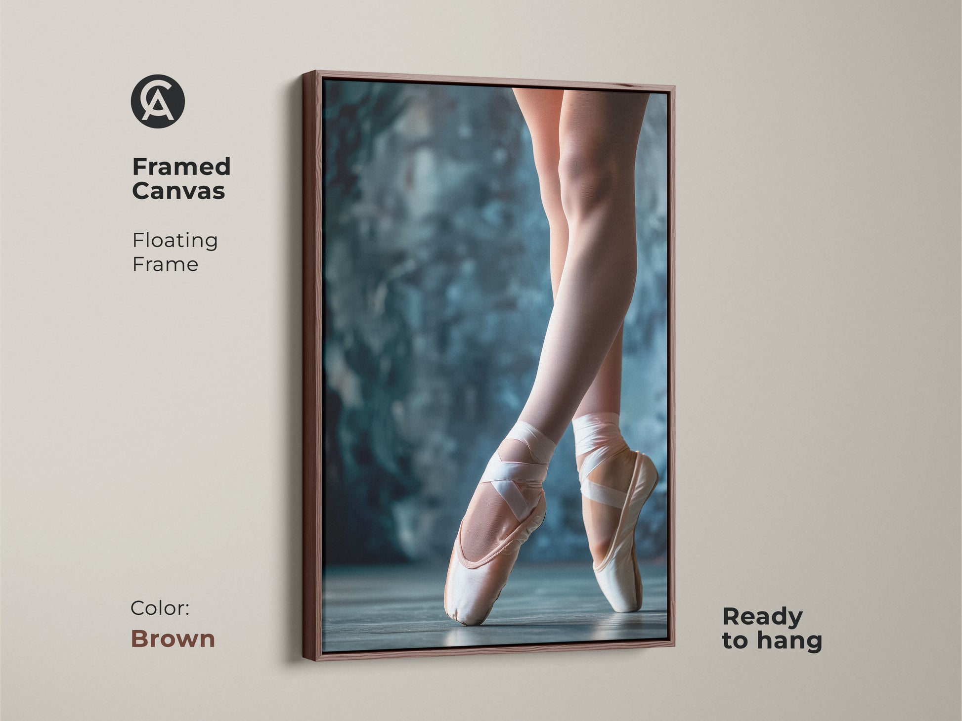 Framed canvas artwork of ballet shoes with a brown floating frame. This vertical art piece is ready to hang. The close-up of a ballerina's feet in pointe shoes creates a striking visual.