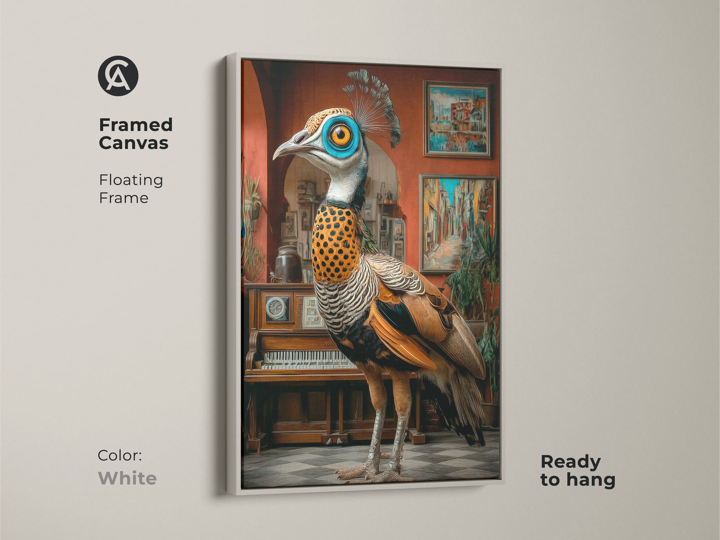 Framed in white this surreal peacock canvas is ready to hang. The ornate bird artwork offers eclectic study room decor with blue orange and teal hues. A unique gift for art lovers the floating frame enhances the animal themed wall art. Its a sophisticated touch to any space.